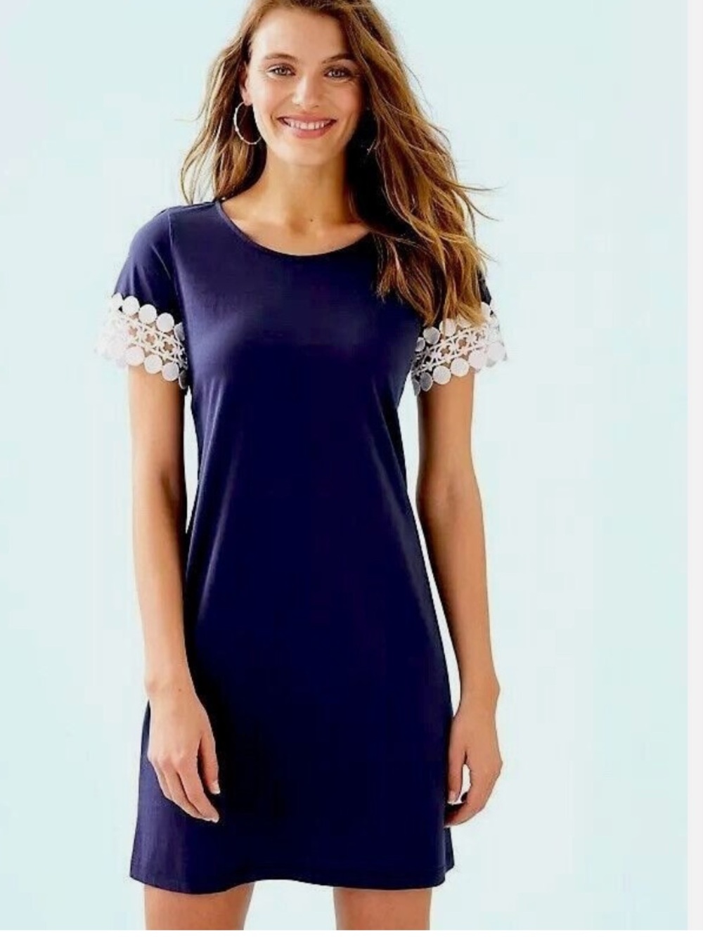NWT Lilly Pulitzer Navy Hayes Cotton Dress with Lace Short Sleeves Size Medium